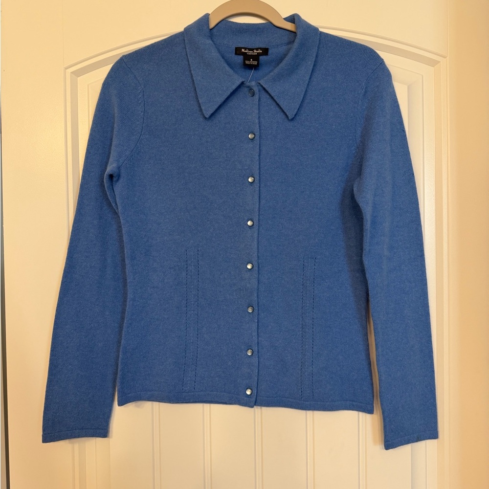 Madison Studio 100% Cashmere Periwinkle Blue Button Down Sweater New With Tags S